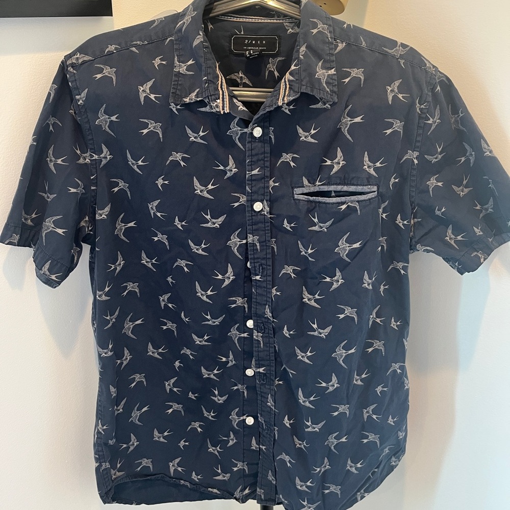 Blue Patterned Bird Collared Shirt